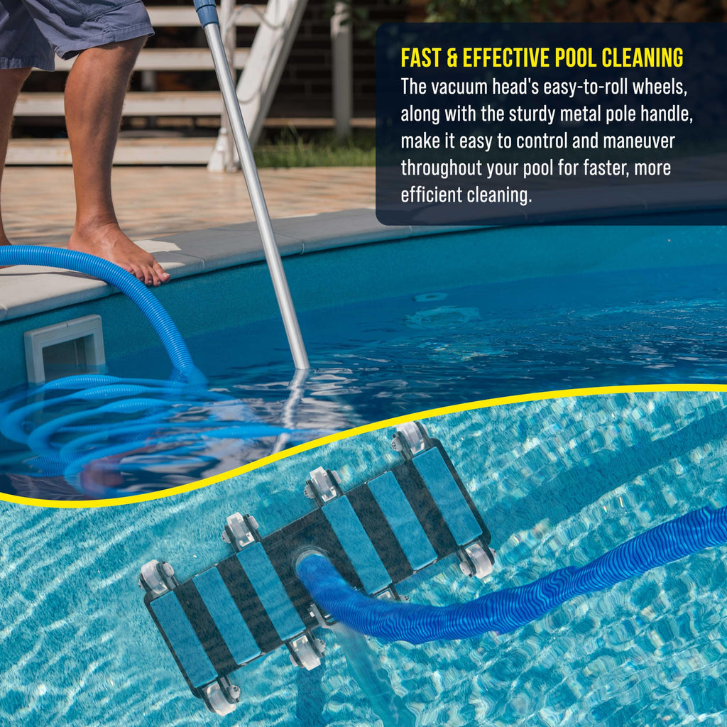 U.S. Pool Supply Manual Pool Vacuum Head for Inground Pools, Flexible, Extra-Wide, Weighted - 6 Weights, Blue, Connect 1.5" Hose, Metal Pole Handle - Swimming Cleaning Accessory Attachment, Vac