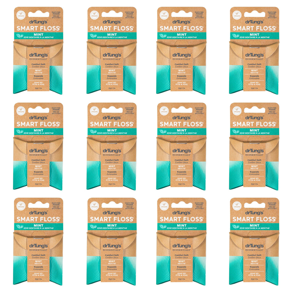 drTung's Smart Floss Mint for Teeth - Natural Expanding Dental Floss, Gentle on Tooth & Gums, Expands & Glides, PTFE & PFAS Free, Certified Organic Mint Essential Oils - Pack of 12