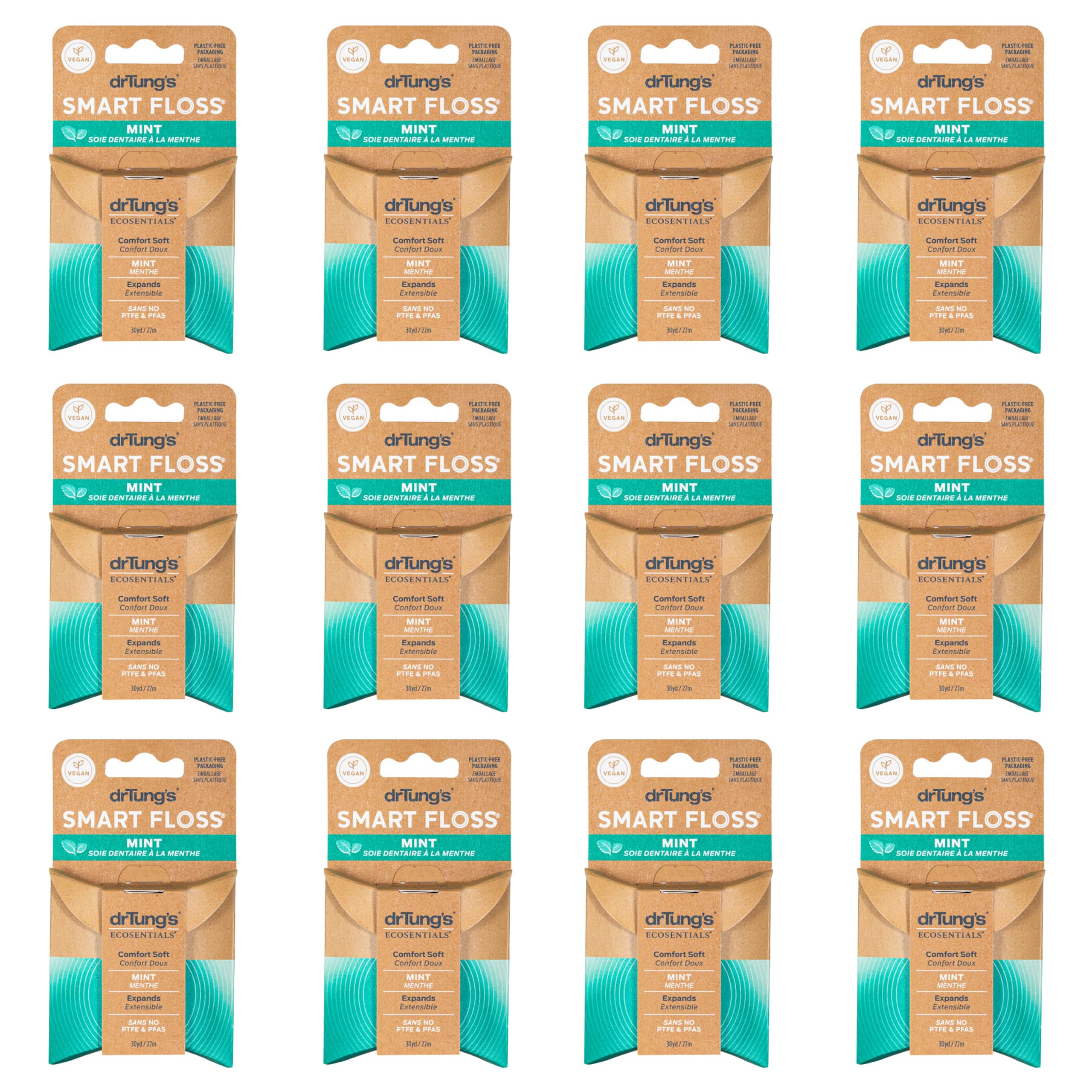 drTung's Smart Floss Mint for Teeth - Natural Expanding Dental Floss, Gentle on Tooth & Gums, Expands & Glides, PTFE & PFAS Free, Certified Organic Mint Essential Oils - Pack of 12
