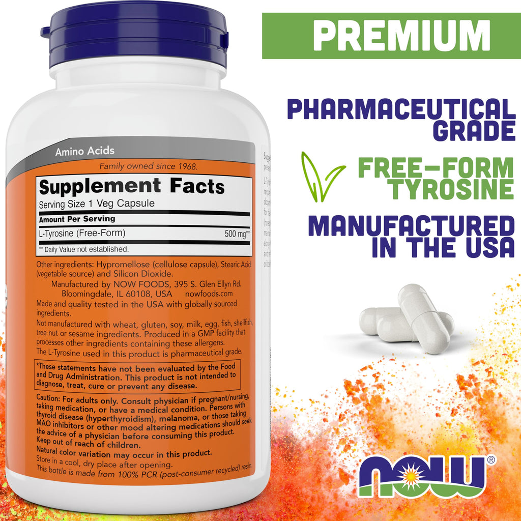 NOW Foods L-Tyrosine 500mg, 300 Capsules (Pack of 2) - Non GMO Supplement - 500 mg Caps - Free Form Ltyrosine