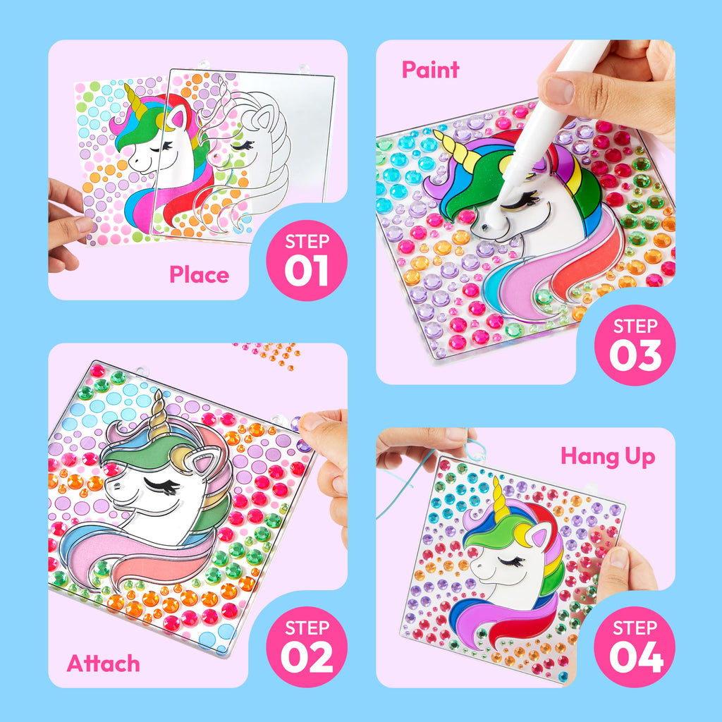 Klever Kits 4PCS Window Art, 2-in-1 Gems and Gels Suncatcher, 2 Ways to Play Diamond and Gels, Arts & Crafts Toys for Boys Girls, Christmas Birthday Gifts for Kids Age 6 and Up