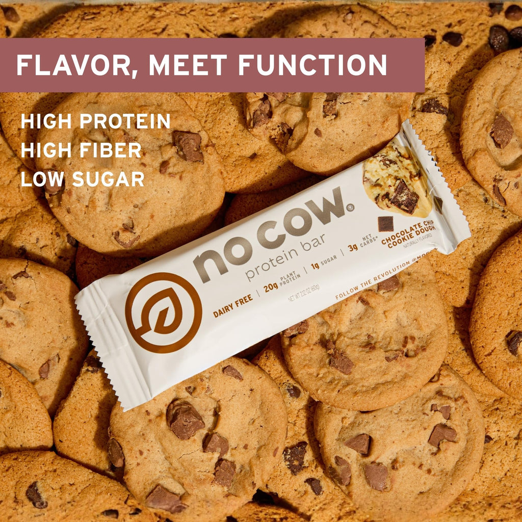 No Cow Vegan Protein Bars, Upgraded Chocolate Chip Cookie Dough | 20g Plant Based Protein, Gluten Free, Dairy Free, Soy Free, Keto Friendly, Low Sugar, High Fiber Snack Bars | Pack of 12