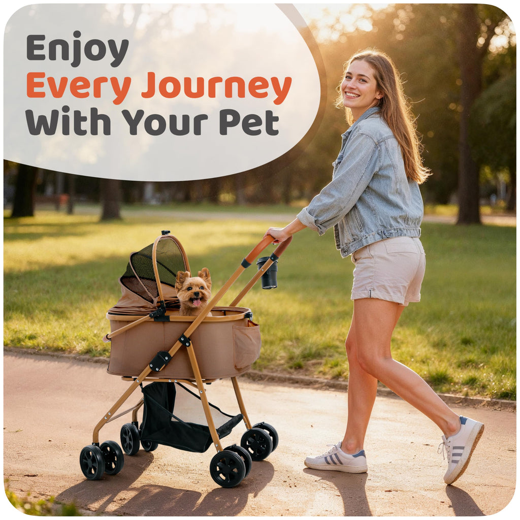 Pet Stroller for Small Medium Dogs & Cats – 2-in-1 Detachable Carrier, Zipperless Entry, Lightweight Folding Travel Stroller with Storage Basket, Cup Holder, Brown
