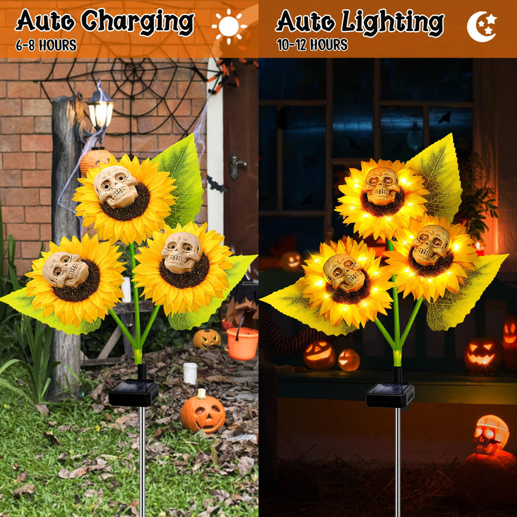 stadeco Halloween Decorations Outdoor, 3 Pack Solar Scary Skull Sunflowers Lights,Waterproof Solar Flowers Lights Garden Decor for Halloween Yard Patio Lawn Party Decor