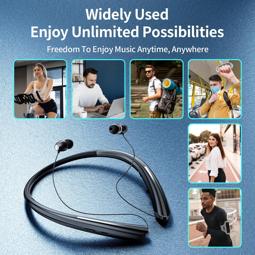 NVOPERANG Retractable Neckband Bluetooth Headphones, Wireless Stereo Earbuds with Mic, Bluetooth Headset Noise Cancelling, Vibration Alerts, IPX5 Sweatproof, Sports, Workouts & Driving (Black)
