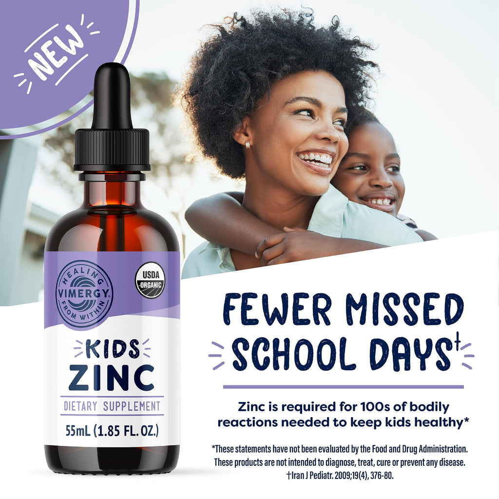 VIMERGY Kids USDA Organic Liquid Zinc Sulfate – for Children & Adolescence 1-18 Years Old, Fast-Absorbing Immune Support* – Promotes Healthy Bones, Hair & Skin, Vegan, Non-GMO – 55 mL