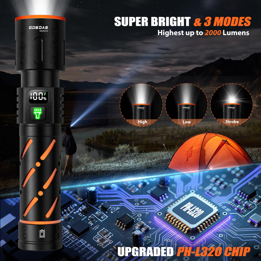 Gosdas Rechargeable Flashlights High Lumens 100000 2 Pack, Super Bright 30W LED, Long Lasting 12H, Single Click 3 Modes, Multifunctional USB C Input Output LCD Power Display, for Camping Hiking Home