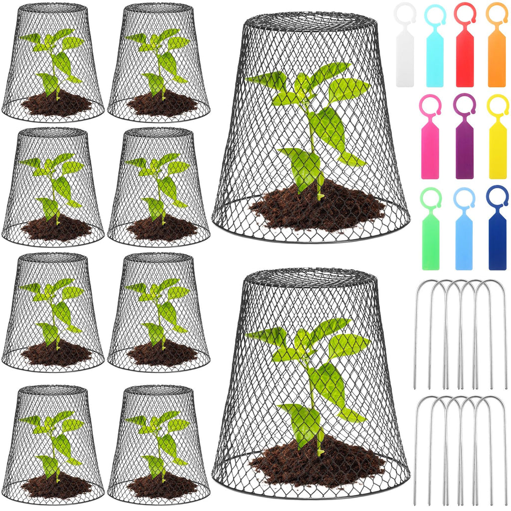 Geosar 10 Pcs 9 inch Chicken Wire Cloche Plant Protector Cover Metal Garden Cloche Dome for Plants Chicken Wire Protection Basket with Garden Stakes for Avoiding Rabbit Bird Small Animals Eat (Black)