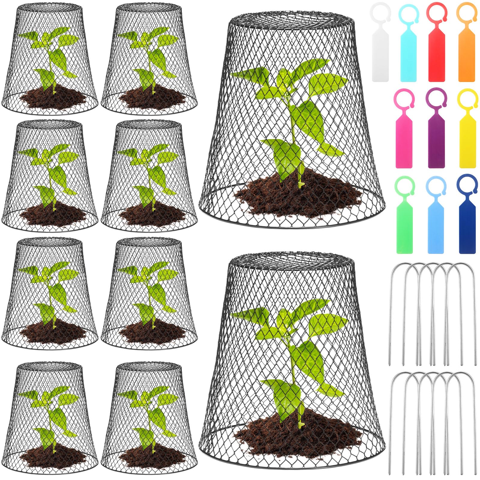 Geosar 10 Pcs 9 inch Chicken Wire Cloche Plant Protector Cover Metal Garden Cloche Dome for Plants Chicken Wire Protection Basket with Garden Stakes for Avoiding Rabbit Bird Small Animals Eat (Black)
