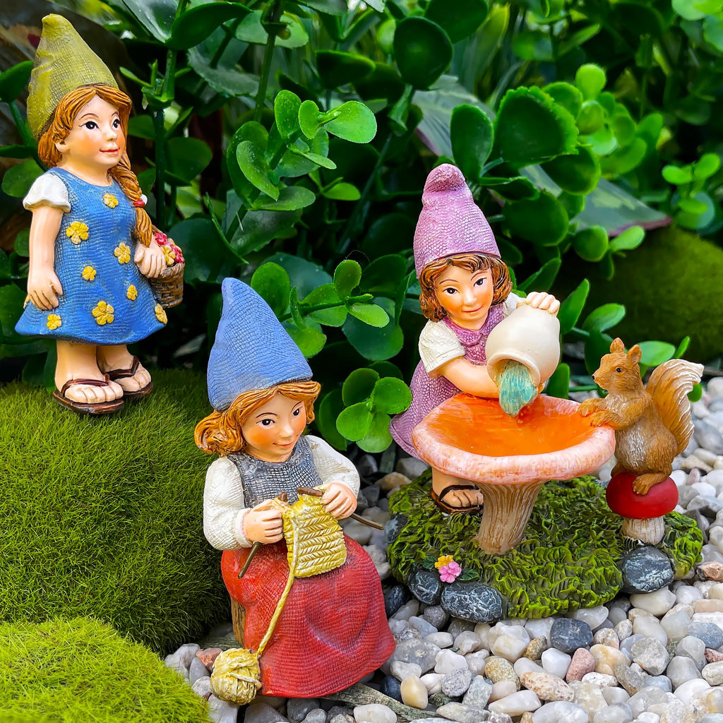 Mood Lab Garden Gnome Figurines - Lady Gnomes Set (3 pcs) - 3.5" H Miniature Decorative Statues & Accessories - Outdoor & Indoor Garden Decor