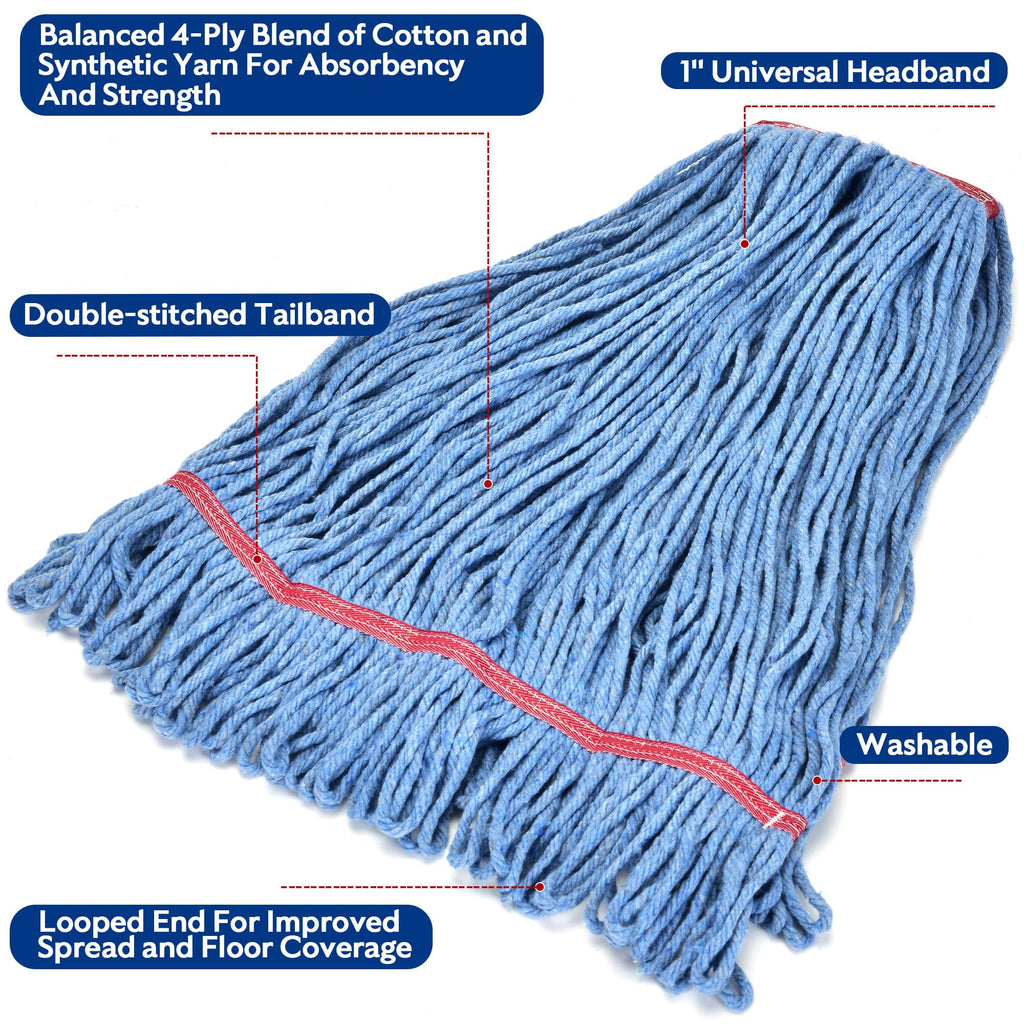 Matthew Cleaning 24oz Heavy Duty Mop Head Commercial Replacement for General and Floor Cleaning, Wet Industrial Blue Cotton Looped End String Head Refill (Pack of 3) Blue