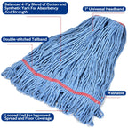 Matthew Cleaning 24oz Heavy Duty Mop Head Commercial Replacement for General and Floor Cleaning, Wet Industrial Blue Cotton Looped End String Head Refill (Pack of 3) Blue
