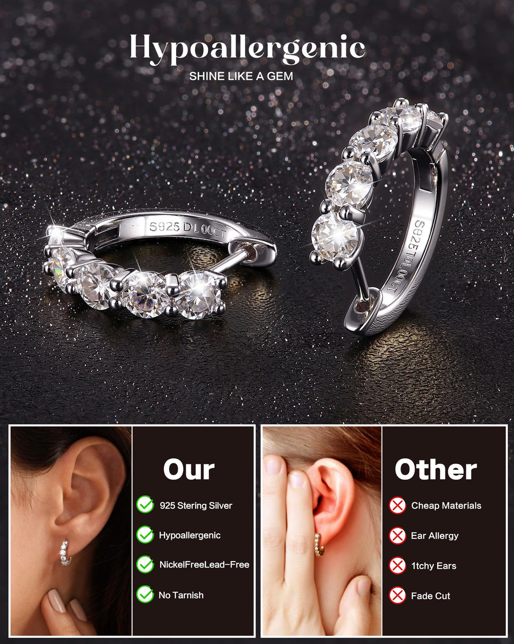 Moissanite Hoop Earrings S925 Sterling Silver Huggie Earring for Women Men
