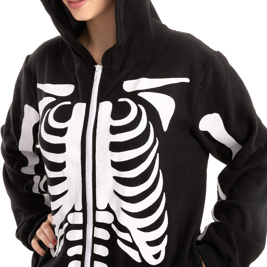 Spooktacular Creations Halloween Skeleton Costume, Adult Skeleton Costume, Unisex Adult Jumpsuit Plush Hoodie Zipper Jumpsuit for Men Women Halloween Dress-up Cosplay Themed Parties Black
