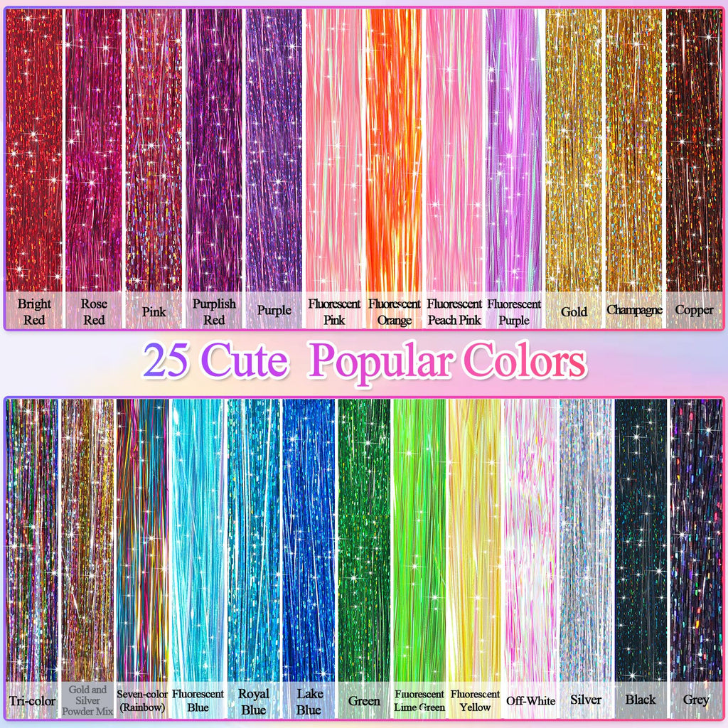 25Colors Fairy Hair Tinsels Kit 5000 Hair Glitter Strands 48Inch Heat Resistant Tinsel Hairs Extension Sparkling Shiny Highlights Hairs Tinsel with Tools for Christmas Halloween New Year Cosplay Party