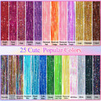 25Colors Fairy Hair Tinsels Kit 5000 Hair Glitter Strands 48Inch Heat Resistant Tinsel Hairs Extension Sparkling Shiny Highlights Hairs Tinsel with Tools for Christmas Halloween New Year Cosplay Party
