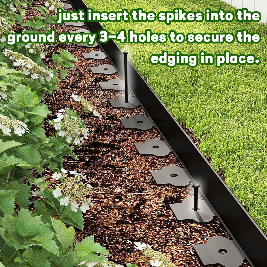Mars Villa Landscape Edging, 4‘’ Tall 100FT Garden Border Edging Kit with 99 Anchoring Spikes, Decorative Flexible Lawn Edging Cover 75㎡ for Lawn, Yard, Flower Bed (Black, 4IN, 100FT)