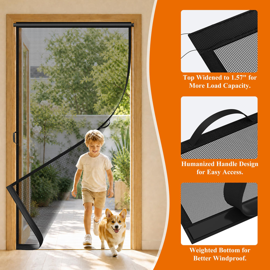 MAGZO Hanging Screen Door Curtain, Fits Door Size 32" x 80" (Mesh Size 34'' x 81''), Durable Fiberglass with Tension Rod and Hook&Loop (One Piece Can be Installed in 2 Ways), Weighted Bottom, Grey