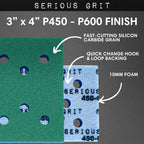 Serious Grit - 3" x 4" Foam Sanding Pads - P450-600 Finish Grit - 10mm Medium Density Foam - Hook & Loop Backing - Fits SurfPrep, Uneeda Ekasand & Mirka 3x4 Sanders – Made in USA – 10 Pack