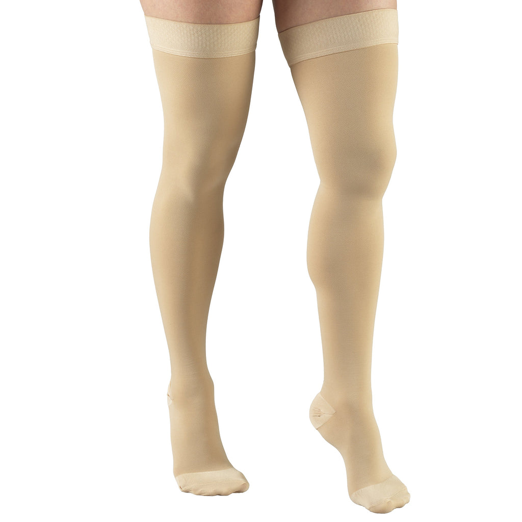 Truform 20-30 mmHg Compression Stockings for Men and Women, Thigh High Length, Dot Top, Closed Toe, Beige, Large