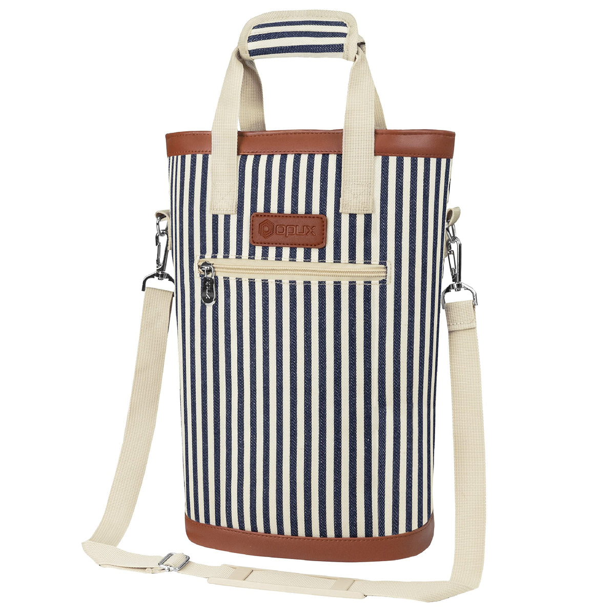 opux 2 Bottle Wine Bag Carrier Insulated Leakproof Wine Cooler Navy Stripes