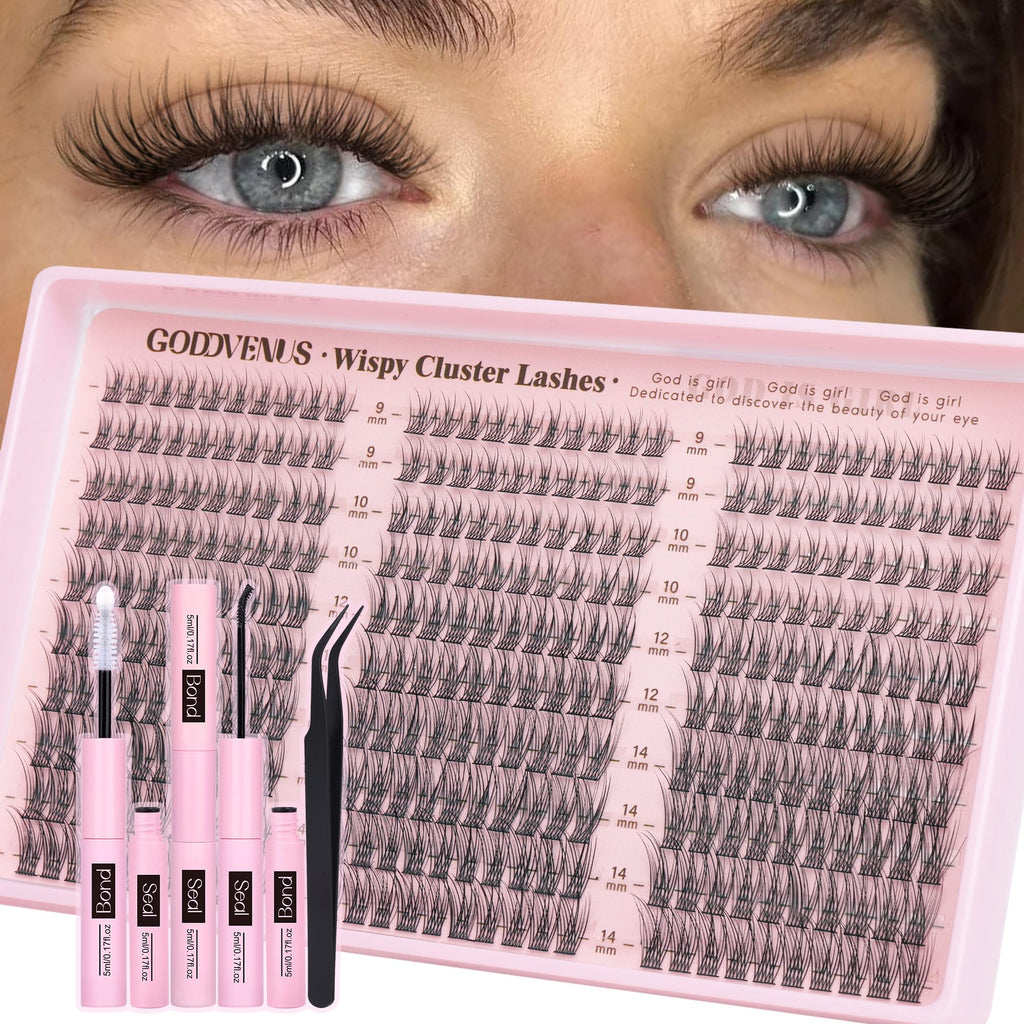 Goddvenus Lash Clusters Kit 9-14mm Wispy Eyelash Clusters Lashes Natural DIY Lash Extension Kit Short Cluster Eyelash Extensions Kit 300pcs C Curl Individual Lashes Cluster Eyelash (With Tweezers)