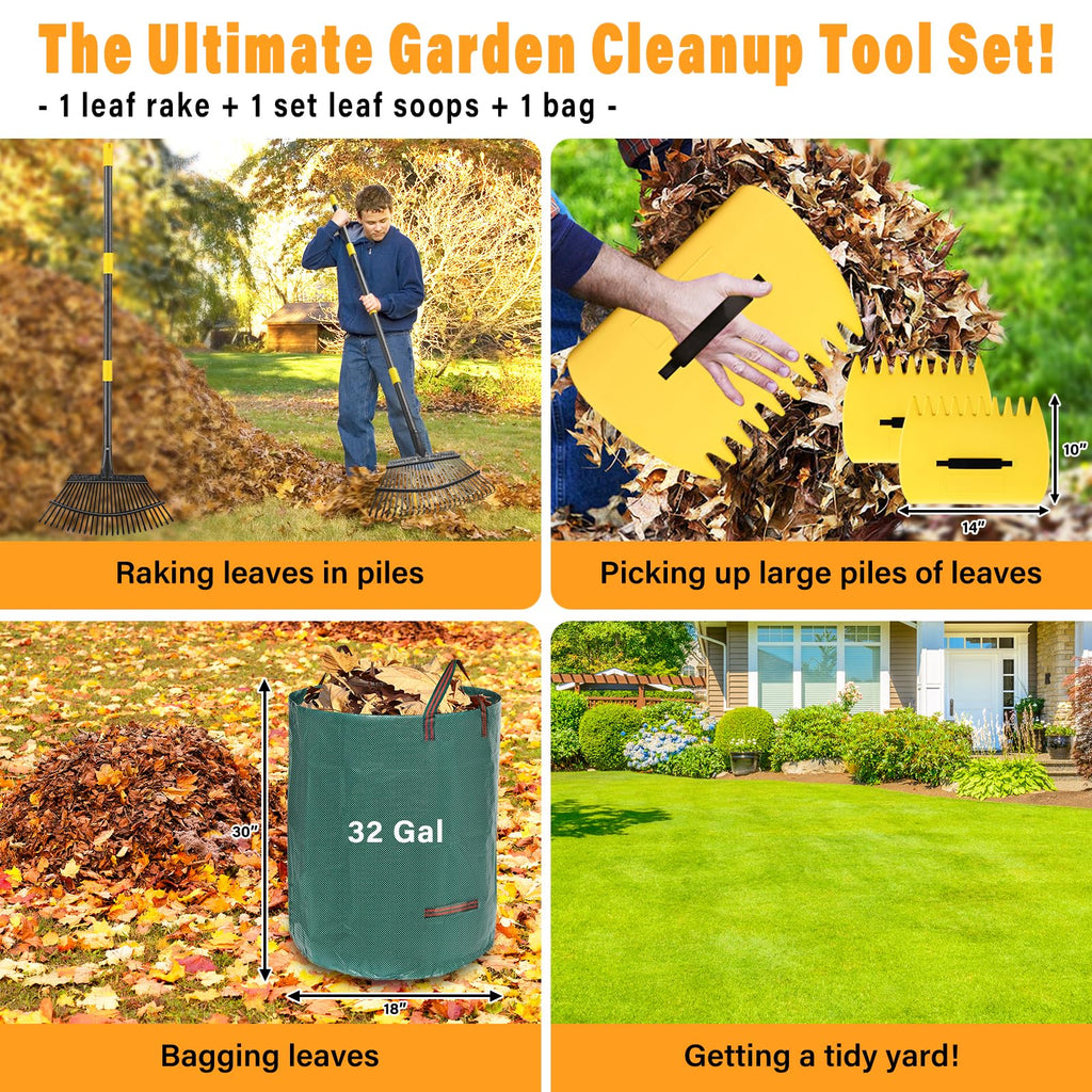 Rake for Leaves - 25 Tines Heavy Duty Metal Rake Set with Leaf Scoops & Collector Bag, Adjustable Rakes for Lawns, 3-in-1 Leaf Collection Tool for Efficient Yard Pine Needle Grass Cleanup 5FT