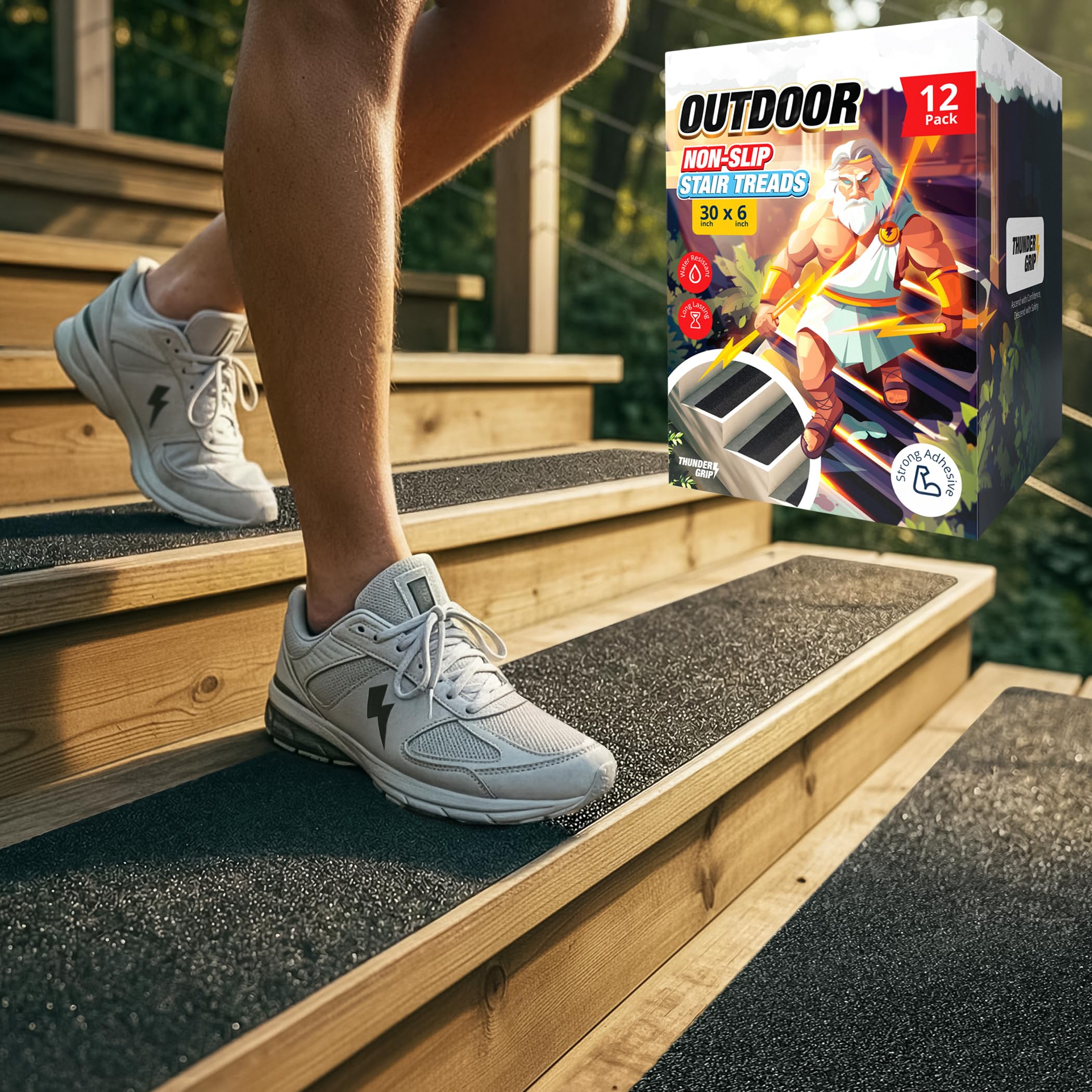 THUNDER GRIP Outdoor Stair Treads - Non Slip 30" x 6" - 12-Pack Weather Resistant Exterior Grip Tape - Anti Skid Strips - Waterproof 80-Grit Adhesive Treads