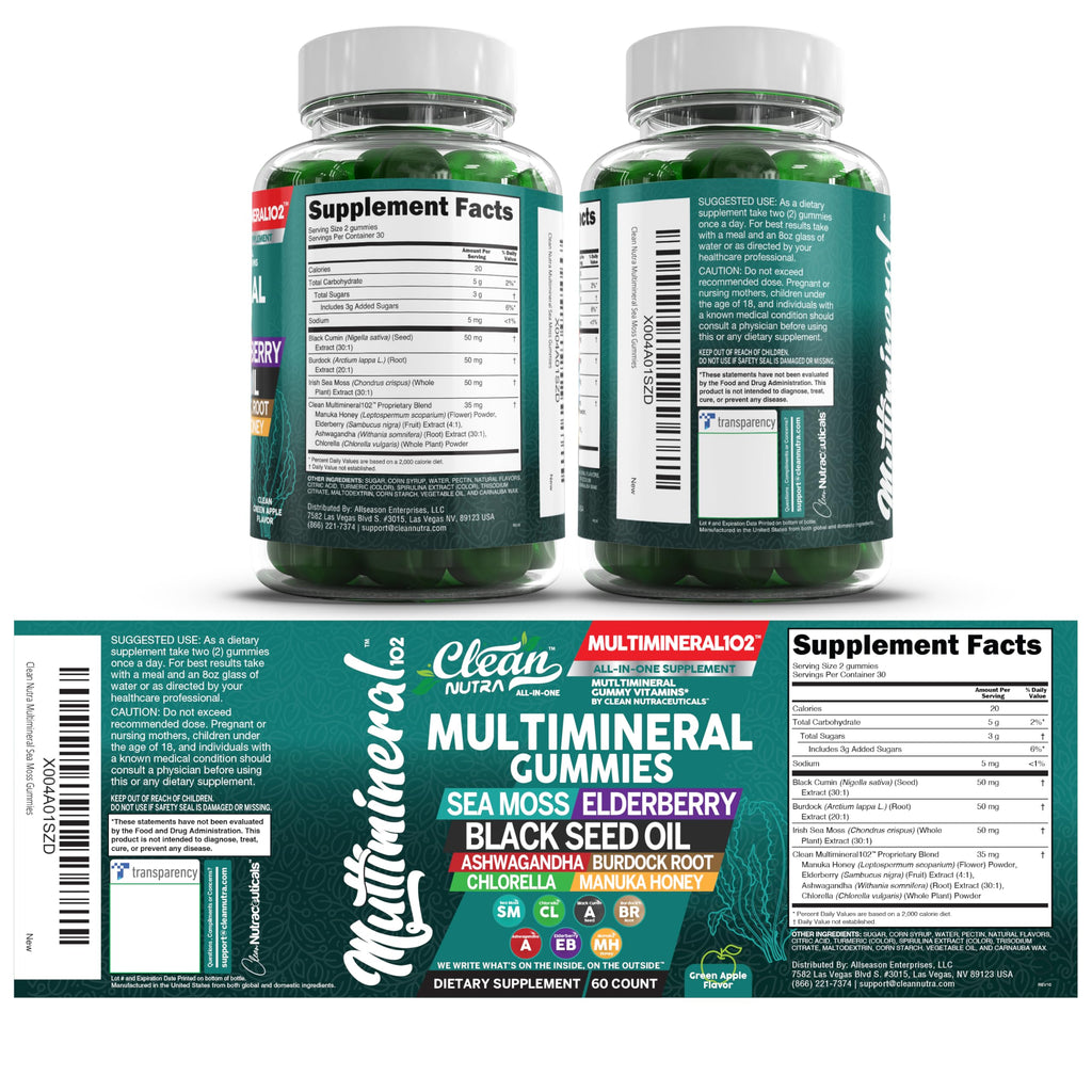 Sea Moss Gummies | Clinically Tested - Black Seed Oil Ashwagandha Elderberry Burdock Root Chlorella Manuka Honey - Vegan Irish Sea Moss Gummy Vitamins for Adults Kids Men Women - Green Apple Flavor