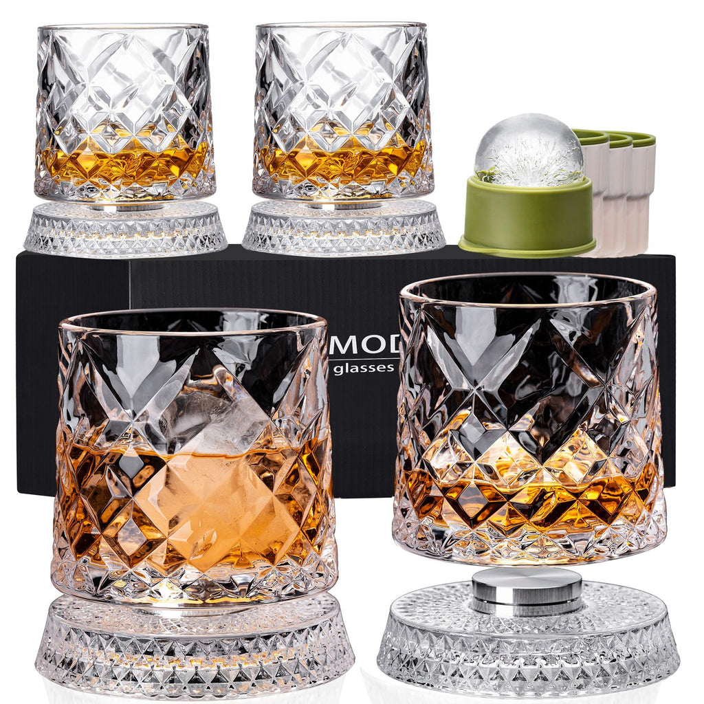 Spinning Whiskey Glasses Set of 4, 9.5 oz with Rotating Bases, Whiskey Gift