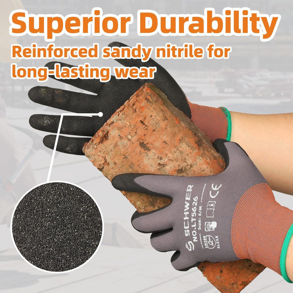 Schwer 3/6/12 Pairs Work Gloves Sandy Nitrile Coated LT5626, Level 6 Abrasion Resistant (Certified) Heavy Duty Working Gloves with Grip for Men Women, Touch-Screen, for Gardening, Construction, XL