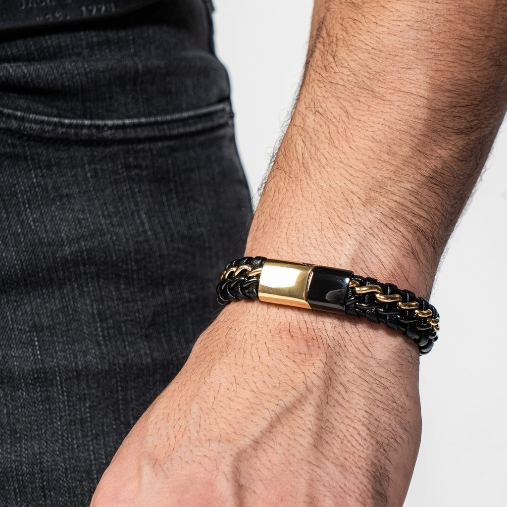 SERASAR Leather Men Bracelet Black Gold Steel Braided Jewelry Gift 8 inch