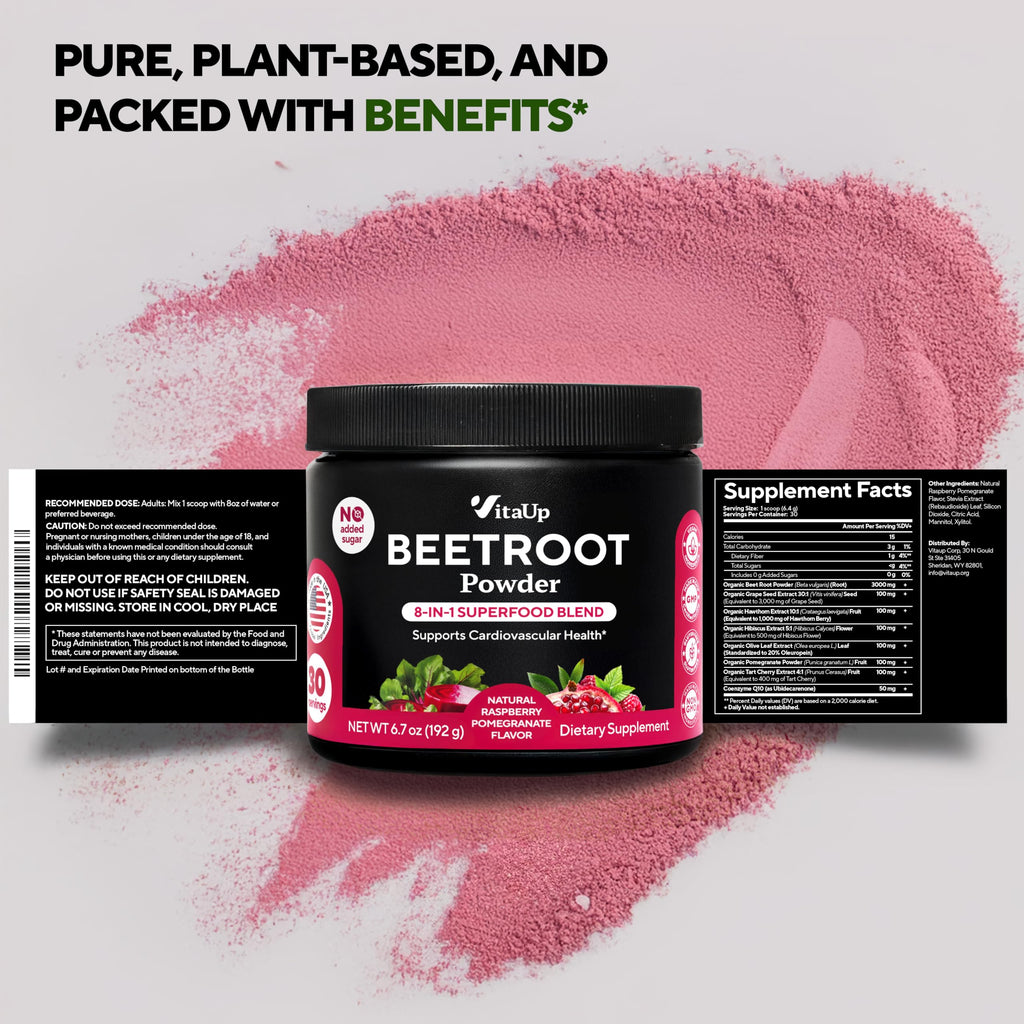 VitaUp Beet Root Powder 8 in 1 – USA Made Beets Powder Supplements with Grape Seed, Hawthorn, Coq10 – with Organic Beetroot for Energy & Circulation Support – Non-GMO, Mixed Berry Flavor, 30 Serving