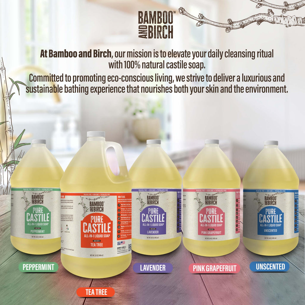 BAMBOO AND BIRCH Pure Castile Soap Liquid, Certified Palm Oil Free Natural Soap, Peppermint, 64 oz
