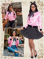 SOMSOC 5 Pieces 1950s Women Pink Satin Jacket with Polka Dot Scarf Headband Earrings Eye Glasses Halloween Party Costume Set