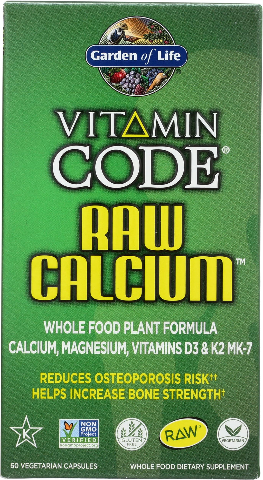 Garden of Life Raw Calcium Supplement for Women and Men - Vitamin Code Made from Whole Foods with Magnesium, K2, Vitamin D3 and Vitamin C Plus Probiotics for Digestion, 60 Capsules