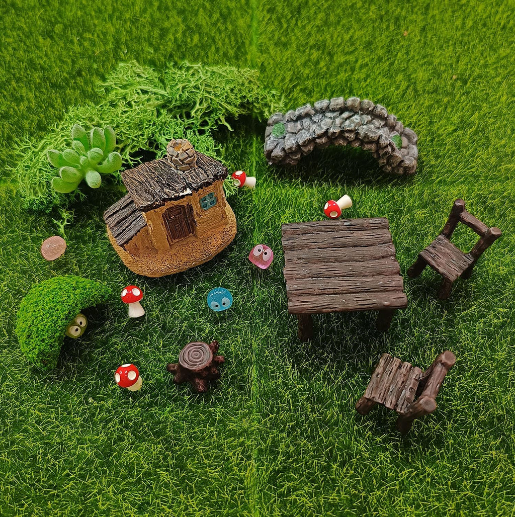 QuarenDen 44 Pcs Fairy Garden Accessories, Miniature Table and Chairs Set, Miniature Figurines Mini Resin Animals House Bridge for Micro Landscape Potted Plant Terrarium Decor DIY Craft Gift