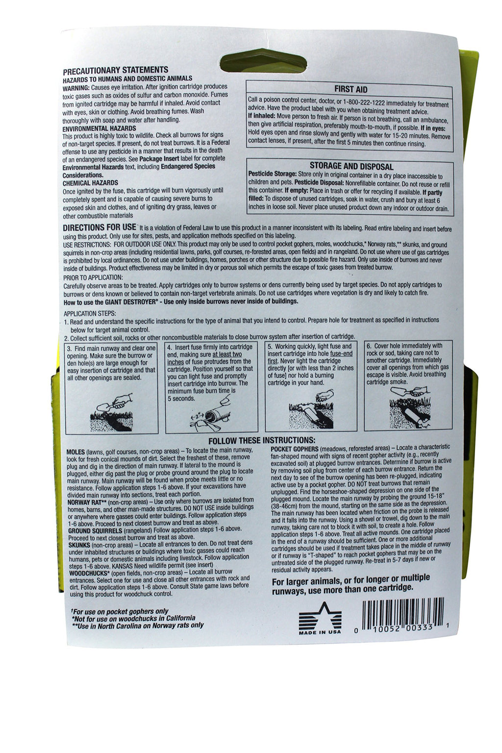 The Giant Destroyer (GAS KILLER) (12/4PK TOTAL) 48 kills Moles, Gophers, Woodchucks, Norway Rats, Skunks, Ground Squirrels in their Holes, Tunnels, Burrows. NO dealing w/ dead pest, better than traps