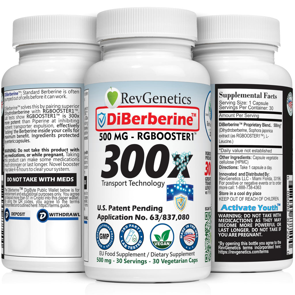 REVGENETICS Berberine Supplement 500mg, Dihydroberberine DHB Enteric Coated Capsules, Healthy Metabolism & AMPK Support, 6.7X Absorption, 1 Daily, Made in USA, 30 Ct, DiBerberine 300x