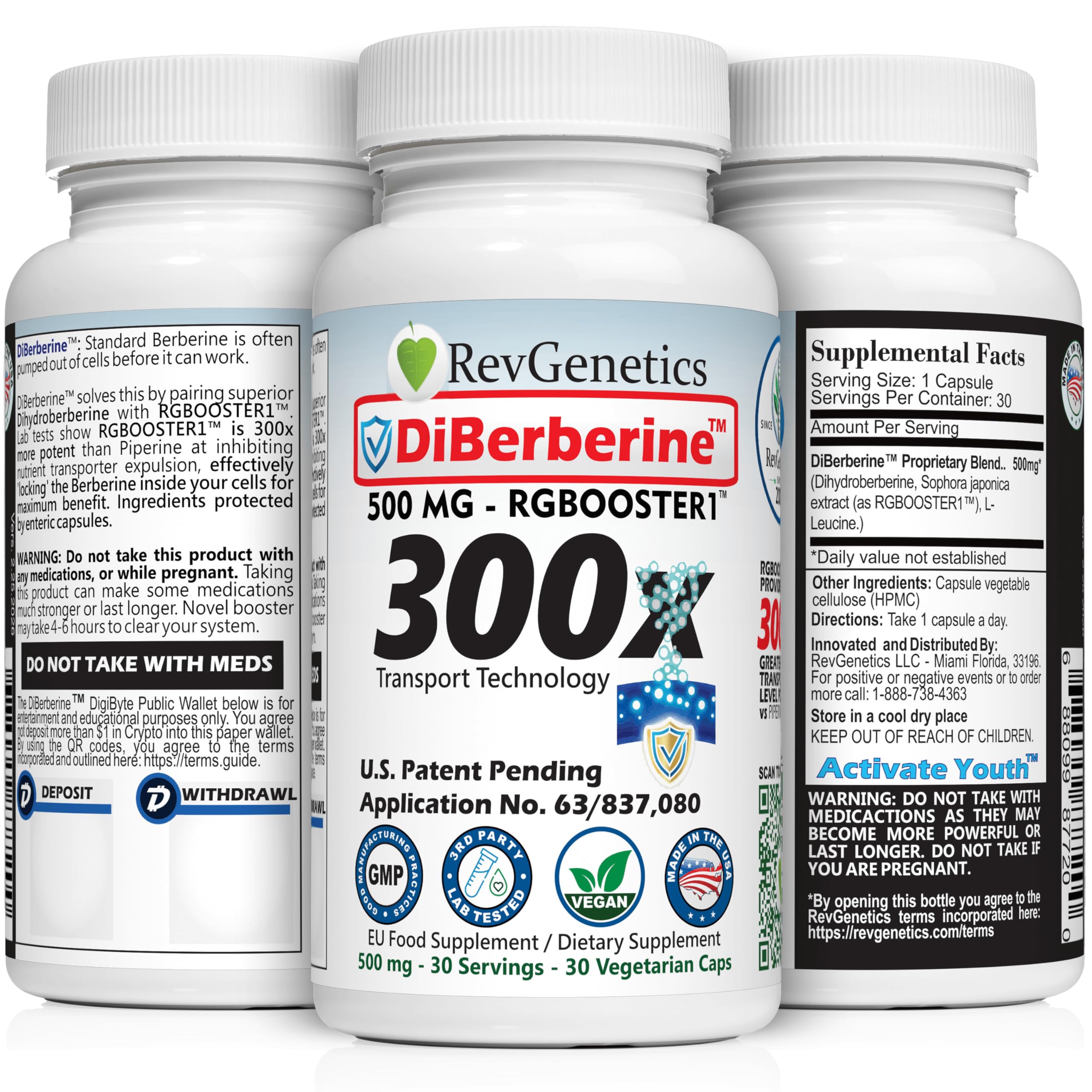 REVGENETICS Berberine Supplement 500mg, Dihydroberberine DHB Enteric Coated Capsules, Healthy Metabolism & AMPK Support, 6.7X Absorption, 1 Daily, Made in USA, 30 Ct, DiBerberine 300x