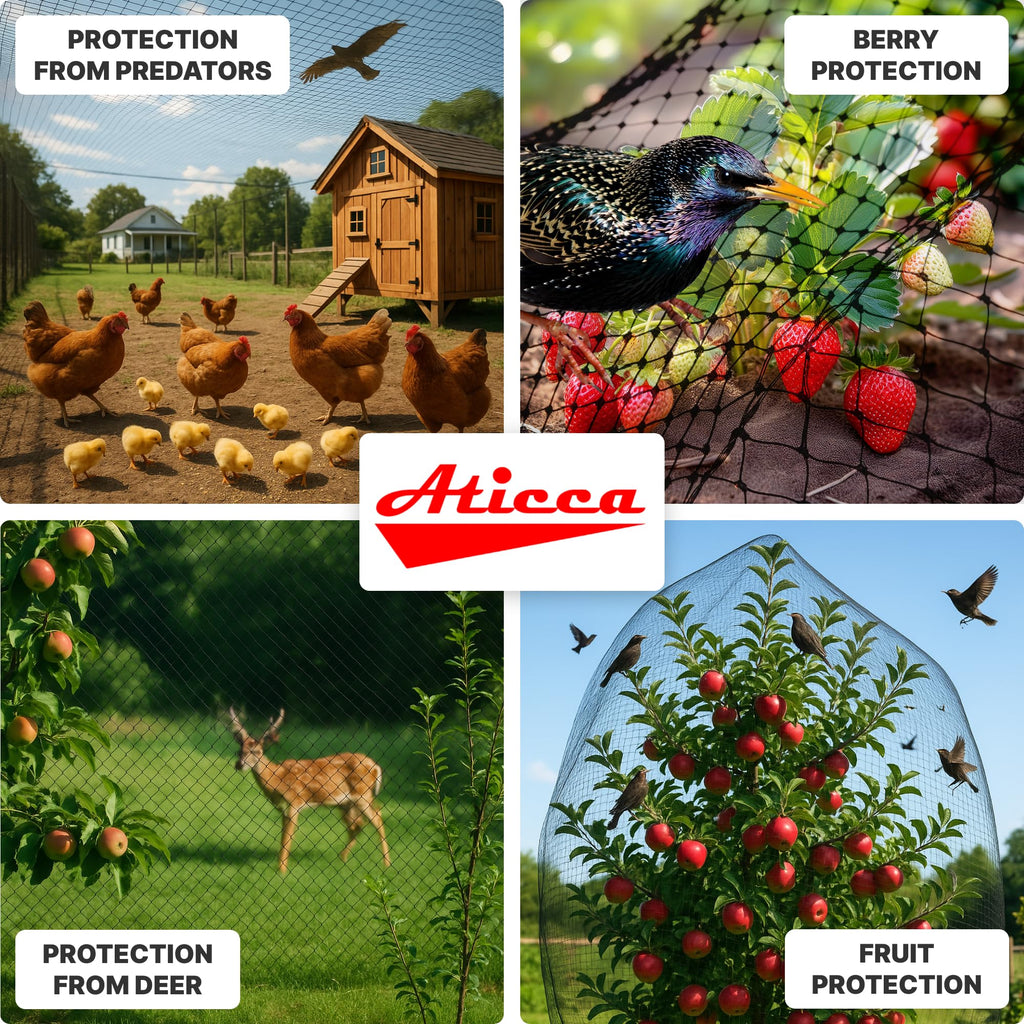 ATICCA Heavy Duty Bird Netting for Garden Protection & Fruit Trees, 7.5x65 Ft with 10 Stakes – Black Anti-Bird Net for Poultry, Deer, & Squirrel Protection, Durable Mesh for Garden and Yard Use