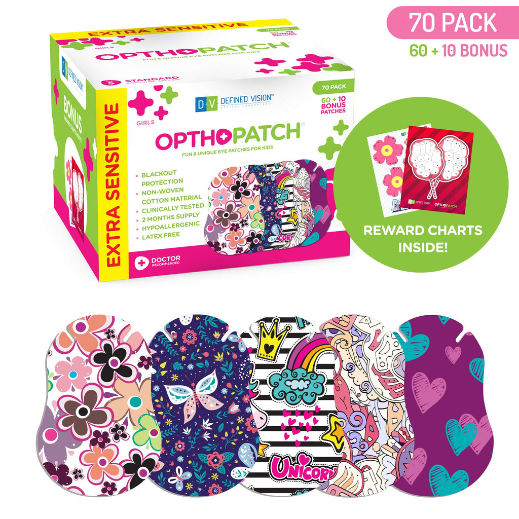 Opthopatch Eye Patches for Kids - Extra Sensitive Adhesive - Girls' Design [Series II] - 70 Count + 2 Reward Charts