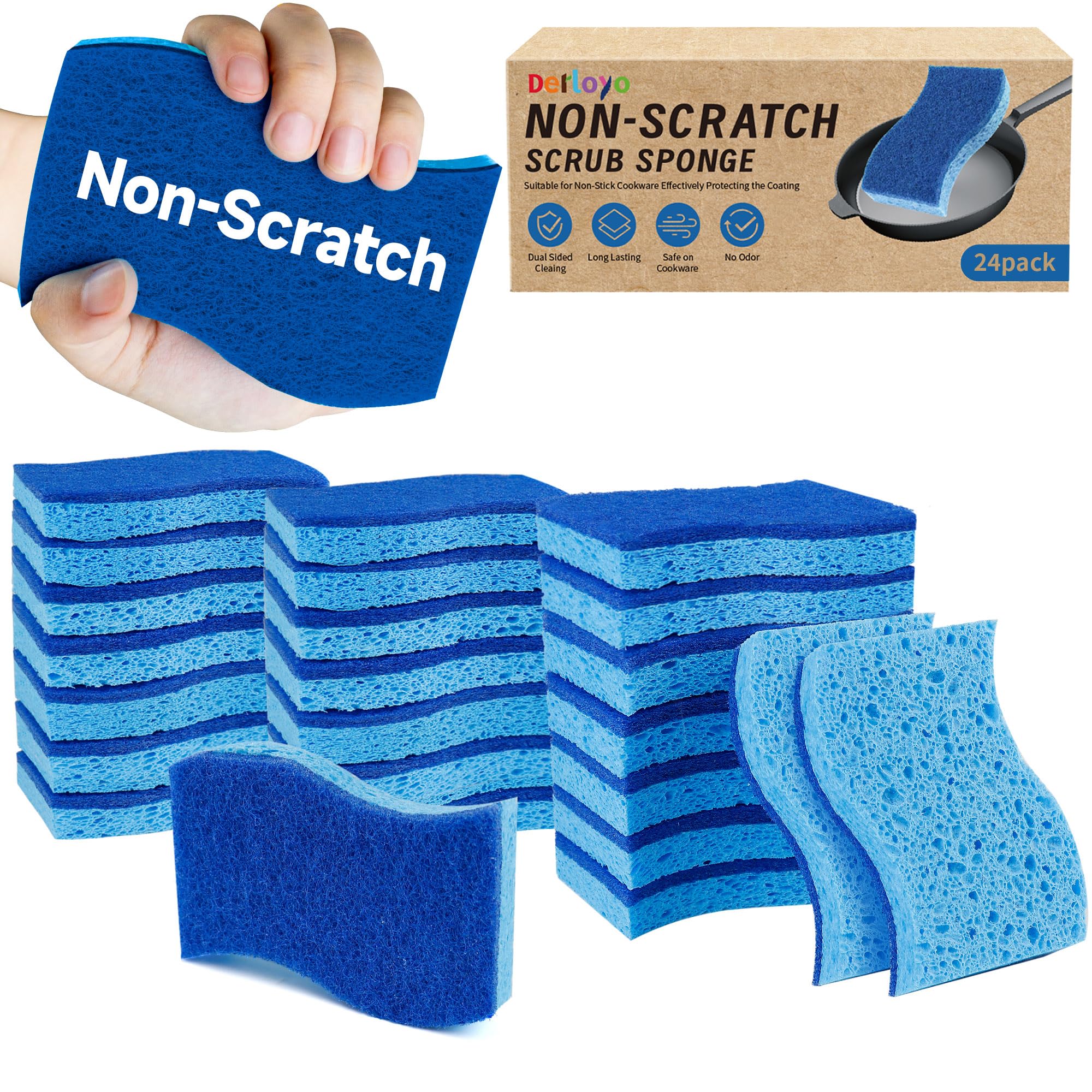 Non Scratch Scrub Sponges, 24 Count Kitchen Sponges Pack Safe on Non-Stick Cookware, Dual Sided Cleaning Sponges for Dishes, Blue
