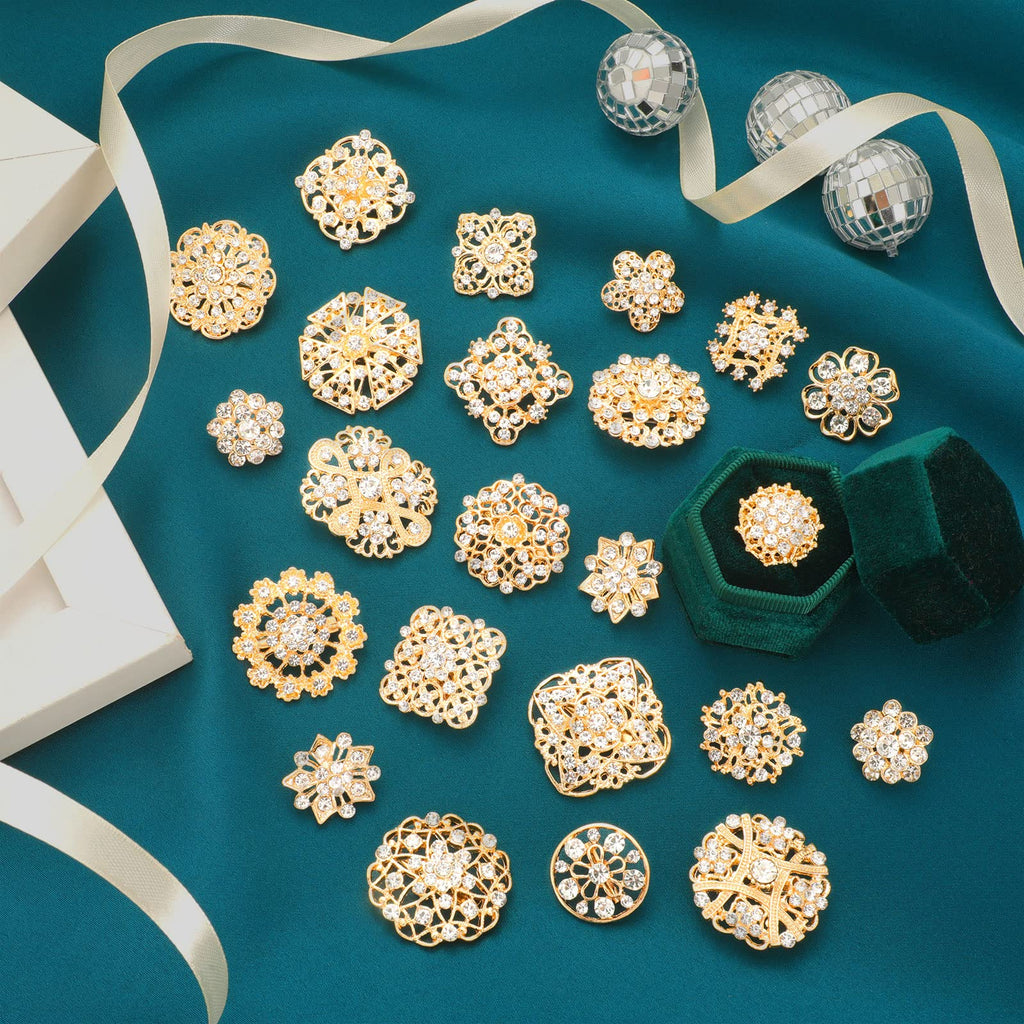 36 Pieces Clear Rhinestone Brooches for Crafts Crystal Flower Brooch Pins with Rhinestones silver Bulk Brooches Jewelry for Woman Flower Lapel Badge Pins DIY Wedding Bouquet Broaches Kit (Gold)