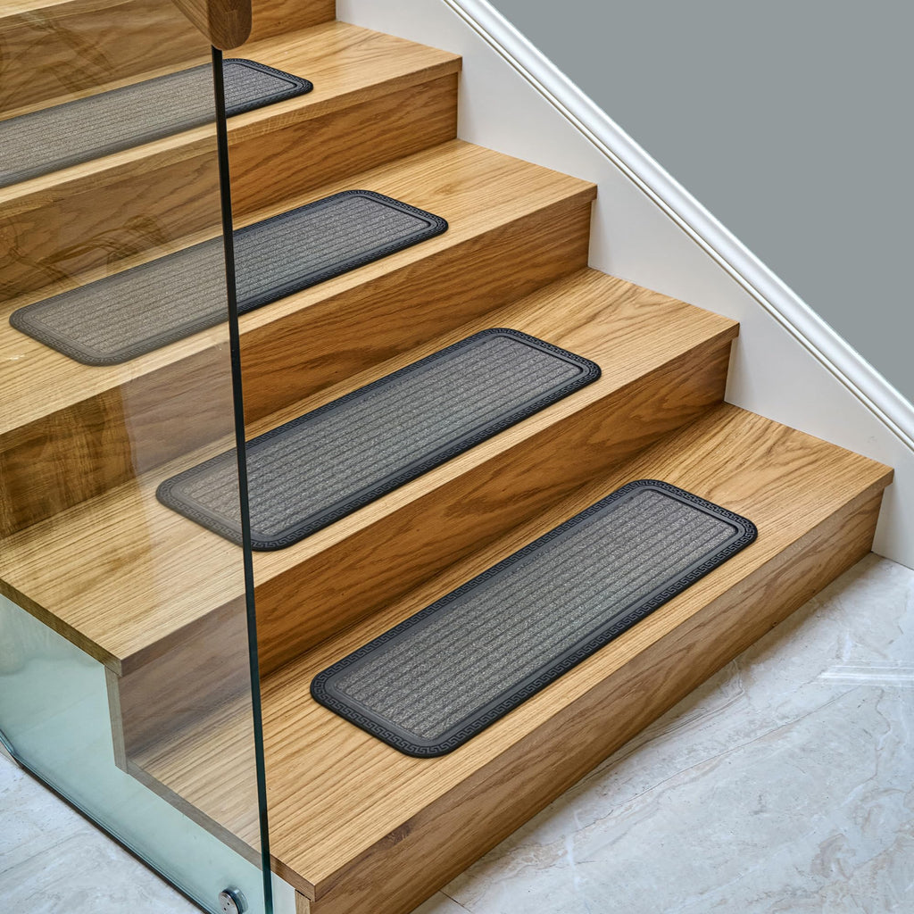 Ottomanson Outdoor Rubber Stair Treads – Ribbed Heavy-Duty Non-Slip Stair Mats – Best Grip on Concrete, Brick & Textured Step – Fastening Recommended for Wooden & RV Steps, Pack of 5