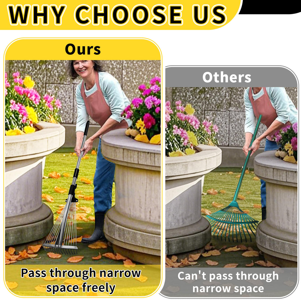 Garden Rake for Leaves,Heavy Duty Metal Adjustable Leaf Rake for Lawns,Long Handle 33"-69" with Expandable Head 8"-15",Garden Tools for Yard Lawn Shrub Garden Beds