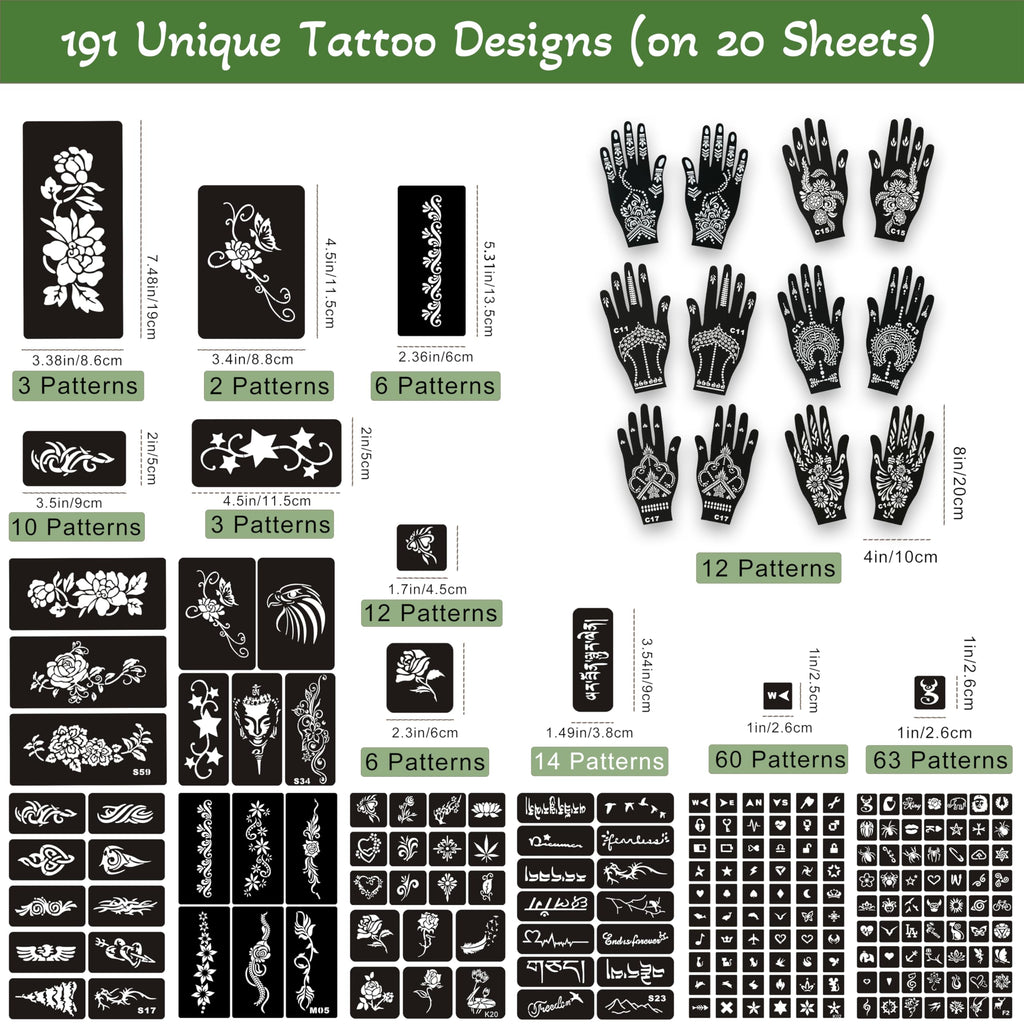 XWGLFT 191 Pcs Temporary Tattoo Stencils Kit, 6 Cones (2Black,2Brown,2Red)