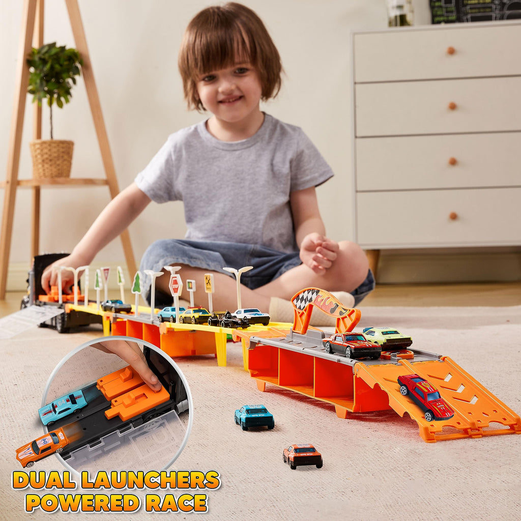 JOYIN Toy Truck for Kids, Race Toy Cars, 60" Extra Long Race Track and 12 Die-Cast Metal Cars, Toddler Carrier Truck with Lights & Sounds, Christmas Birthday Gifts for 2 3 4 5 6 7 Years Old Grandkids
