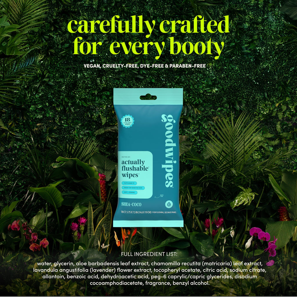 goodwipes Flushable Wipes Travel Size - Extra Large Adult Wet Wipe - On-the-Go Portable Wipes - Sewer & Septic Safe - Hygiene Essentials - Shea Coco & Rosewater, 108 Count (6 Packs)