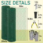 EcoBrisa 13.8x118" Plant Protectors from Animals, 2Roll Metal Mesh Plant Cages for Outdoor Plants Chicken Wire Cloche Wire Mesh for Garden Fence Kit with Ground Stakes & Nylon Tie,Gloves,Plier (Green)